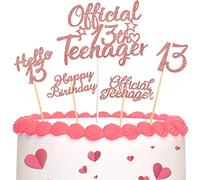 Nezyo 13 Cake Topper con Glitter per il 13° Compleanno per Torta, Oro Rosa | Kit per Decorare Cupcake e Dolci per Festa, 13 Pezzi, Official Topper per Torta, con Hello 13 e Happy Birthday