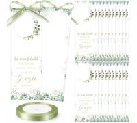 Nezyo 50 Pezzi Segnaposto Comunione con Nastro, Verde salvia | Per Matrimonio, Compleanno, Battesimo e Cresima, Grazie di Esserci, Bigliettini Partecipazioni, Decorazione Tavolo