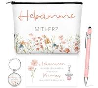 Nezyo Set di 4 Regali per Ostetriche, tra Cui 1 Penna a Sfera, 1 Trousse per Cosmetici, 1 Portachiavi con Scritta "ostetrica" e 1 Biglietto di Ringraziamento