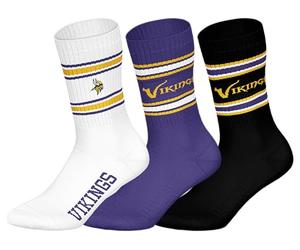 NFL MINNESOTA VIKINGS 3pk Crew Socks - WHT/PUR/BLK - 39/42