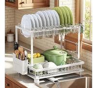 Nfnoyp Scolapiatti a 2 ripiani, multifunzione, antiruggine, con scolapiatti con scolapiatti, salvaspazio, utensile e portabicchieri per bancone della cucina, bianco