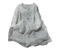 NFYM Camicia da donna in lino ramiè con bottoni, casual, a maniche lunghe, vestibilità larga, stile retrò, bianco, taglia unica