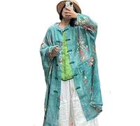 NFYM Donna Giacca Lunga Sottile Kimono Vintage Cinese Rana Pulsante Cape Trench Tasche Camicetta Lino Allentato Camicia Lunga Abiti, Verde, taglia unica