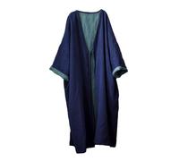 NFYM Donne Autunno Primavera Allentato Kimono Duster Tie Front Doppio Strato Cotone Lino Trench Cappotto Plus Size Capispalla, Blu, Taglia unica Più