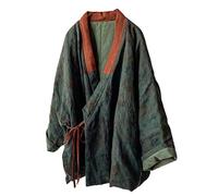 NFYM Giacca corta da donna in cotone imbottito, kimono, cardigan, avvolgente, stile cinese Hanfu, con stampa patchwork, verde scuro, taglia unica