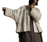 NFYM Giacca trapuntata da donna, in cotone e lino, con applicazioni ricamate a mano, con fiore aperto sul davanti, lino, taglia unica