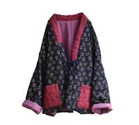 NFYM Giacca trapuntata da donna, stile etnico cinese, stile nordest con fiori grandi, patchwork, aperta sul davanti, in morbido cotone imbottito, Colore: blu navy., taglia unica
