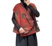 NFYM Gilet da donna foderato in cotone con stampa floreale cardigan senza maniche primavera autunno vintage Outwear Top, Rosso, Taglia Unica