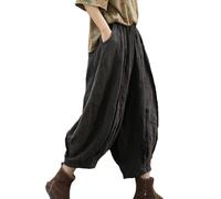 NFYM Pantaloni da donna a gamba larga con elastico in vita in cotone e lino invecchiato patchwork stile zucca a gamba larga 3/4 di lunghezza, nero, Taglia Unica