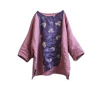 NFYM Top estivi per le donne di lino patchwork camicia pullover top girocollo manica 3/4 camicie casual, Viola, Taglia Unica