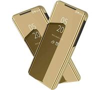 NH Cover Moto G8 Power Custodia Clear View Specchio Standing Cover Caso Flip Case Custodia + Pellicola Vetro temperato 2 Pezzi 360° Protettiva Bumper per Moto G8 Power Oro