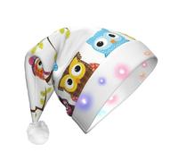 NHGJnk Cappello di Natale con stampa di gufi sui rami dell'albero della peluche per adulti, cappello di Babbo Natale illuminato con bordo morbido per la celebrazione di Natale