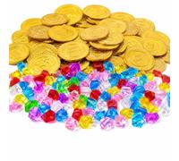 Nhgkju 200 pezzi del tesoro dei pirati: 100 monete d'oro e 100 pietre preziose per bambini, decorazioni per feste di compleanno, accessori per feste dei pirati, regalo di compleanno per bambini