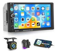 NHOPEEW Autoradio 2 DIN con touchscreen HD da 7 pollici - Bluetooth 5.0, Mirror Link per Android/iOS, radio FM, USB/TF/AUX, comandi al volante + telecamera di retromarcia con 12 LED