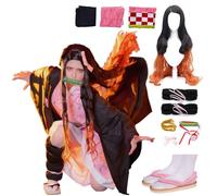 Nhorrobat Set completo di costume anime per Halloween, da donna, per feste, ruoli, cosplay, kimono, con pantofole, parrucca, Rosa, Large