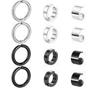 NHPY 12 Pezzi Orecchini uomo,orecchini uomo cerchio,Clip Senza Buco Inossidabile cerchi orecchini non piercing clip on uomo in acciaio,Tondo,Colore Argento Nero,Senza Buco,Orecchini finti