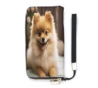 NHYDSPQ Portafoglio da donna, carino cane Pomeranian Print Ladies Cluth, portafoglio in pelle PU con cerniera intorno, cinturino da polso borsa lunga
