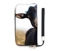 NHYDSPQ Portafoglio da donna, carino nero capra animale stampa cluth signore, pelle PU cerniera intorno portafoglio, cinturino da polso borsa lunga