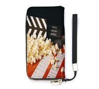 NHYDSPQ Portafoglio da donna, cinema Clapboard e popcorn stampa cluth signore, portafoglio in pelle PU con cerniera intorno, cinturino da polso borsa lunga