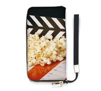 NHYDSPQ Portafoglio da donna, cinema Clapboard e popcorn stampa cluth signore, portafoglio in pelle PU con cerniera intorno, cinturino da polso borsa lunga