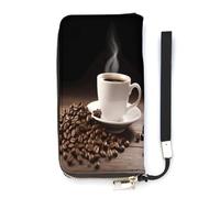 NHYDSPQ Portafoglio da donna, tazza di caffè e chicco di caffè stampa cluth, portafoglio in pelle PU con cerniera intorno, borsa lunga con cinturino da polso