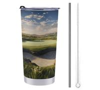 NHYDSPQ Tazza da viaggio con cannuccia in acciaio inossidabile, tazza da viaggio con stampa campo da golf, tazza da caffè a prova di fuoriuscite con cannuccia + pennello