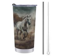 NHYDSPQ Tazza da viaggio con cannuccia in acciaio inossidabile, tazza da viaggio con stampa di cavalli che corrono sul campo, tazza da caffè a prova di fuoriuscite con cannuccia + spazzola