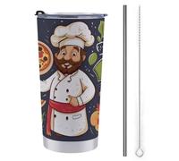 NHYDSPQ Tazza da viaggio con cannuccia in acciaio inossidabile, tazza da viaggio con stampa pizza da chef, tazza da caffè a prova di fuoriuscite, tazza da viaggio con cannuccia + pennello