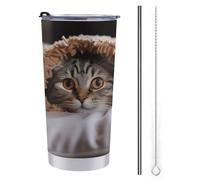 NHYDSPQ Tazza da viaggio con cannuccia in acciaio inox, con stampa di gatto sotto la coperta, tazza da caffè a prova di fuoriuscite, tazza da viaggio con cannuccia + pennello