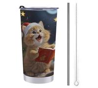NHYDSPQ Tazza da viaggio con cannuccia in acciaio inox, con stampa di un simpatico gatto che canta canti di Natale, tazza da caffè a prova di fuoriuscite con cannuccia + pennello