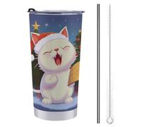 NHYDSPQ Tazza da viaggio con cannuccia in acciaio inox, con stampa di un simpatico gatto che canta canti di Natale, tazza da caffè a prova di fuoriuscite con cannuccia + pennello