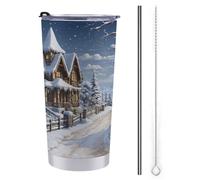 NHYDSPQ Tazza da viaggio con cannuccia in acciaio inox, con stampa natalizia invernale felice, tazza da caffè a prova di fuoriuscite, tazza da viaggio con cannuccia + pennello