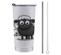 NHYDSPQ Tazza da viaggio con cannuccia in acciaio inox, motivo con pecore bianche e nere, a prova di fuoriuscite, tazza da viaggio con cannuccia + pennello