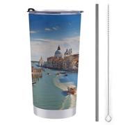 NHYDSPQ Tazza da viaggio con cannuccia in acciaio inox, stampa Canal Grande in Italia, tazza da caffè a prova di fuoriuscite, tazza da viaggio con cannuccia + pennello
