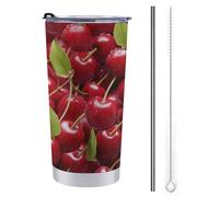 NHYDSPQ Tazza da viaggio con cannuccia in acciaio inox, stampa ciliegie rosse, tazza da caffè a prova di fuoriuscite, tazza da viaggio con cannuccia + pennello