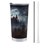 NHYDSPQ Tazza da viaggio con cannuccia in acciaio inox, stampa gotica Happy Halloween, tazza da caffè a prova di fuoriuscite, tazza da viaggio con cannuccia + pennello