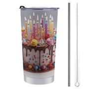 NHYDSPQ Tazza da viaggio con cannuccia in acciaio inox, tazza da viaggio con scritta "Happy Birthday", tazza da caffè a prova di fuoriuscite, tazza da viaggio con cannuccia + pennello
