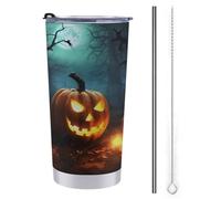 NHYDSPQ Tazza da viaggio in acciaio inox con paglia e scritta "Happy Halloween" con stampa di zucche per auto, a prova di fuoriuscite, tazza da viaggio con cannuccia + pennello