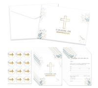 NHYDZSZ 12 biglietti d'invito per cresima, formato DIN A6, con buste e adesivi, set per ragazzi e ragazze, con croce dorata e motivo foglie, per feste cresima o cresima