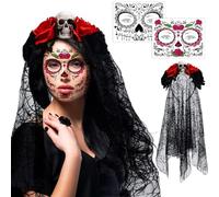NHYDZSZ Cerchietto Giorno dei Morti Rose con Velo Halloween Cerchietto Giorno dei Morti Fascia, Velo della Morte Cerchietto di Halloween Halloween Tatuaggi Temporanei per Halloween Costumi Accessori