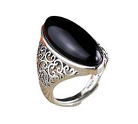 NHYHEHMR Anello aperto regolabile da donna, di grandi dimensioni, stile retrò, intarsiato, ovale, onice nera, gioielli per cene, feste, matrimoni, anello regalo, A