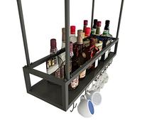 NHYHEHMR Porta in Vetro di Vino in Metallo, Porta in Vetro di Vino Appeso a Bottiglia da Vino a Testa in Giù, Porta d'alimentazione Regolabile con Porta in Vetro, soffitto a Portata Stelo Nero Opaco