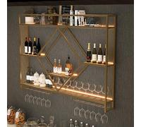 NHYHEHMR Porta moderna di stoccaggio del vino con supporto per bicchiere di vetro in metallo illuminato a LED Scaffali a parete galleggianti con luci a LED nero/oro ideale per il soggiorno da bar.