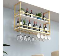 NHYHEHMR Portabottiglie industriale da parete con supporto per bicchieri e mensola in metallo da soffitto per bar da vino a 2 strati portabottiglie da vino sospeso per casa bar o cucina