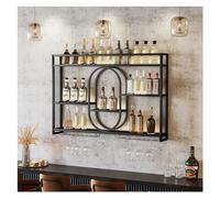 NHYHEHMR Portamina moderna montata a parete con luce a led e supporto in bicchiere di vino sospeso per la bottiglia di liquore di grande capacità per il bar o decorazione della cucina nero/oro