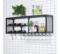 NHYHEHMR Scaffali a barre mobile per portabottiglie per vino per vino, bottiglia di vino e griglia di vetro, soppalco a parete vintage a muro di calice per calice, decorazione di casa nera