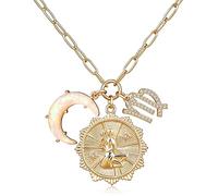 NHYHEHMR Sign Coin with Opal Crescent Moon Charm for Women Trendy Girls, Dainty Paperclip Chain 12 Constellation Horoscope s Astrology Jewelry Gifts