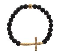 Nialaya Lava Stone Gold Clear CZ Cross 925 Silver Bracelet - XS