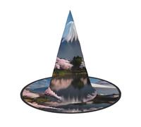 Nianyuer Cappello da strega di Halloween per adulti, Monte Fuji all'inizio della primavera con stampa spettrale a punta, leggero copricapo per feste