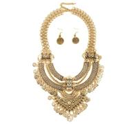 Niaspi Set di collana e orecchini con ciondolo a forma di moneta intagliata esagerata, per donne e ragazze, stile vintage, bohémien, grosso, gitano, tribale, punk, collare, girocollo, gioielli in